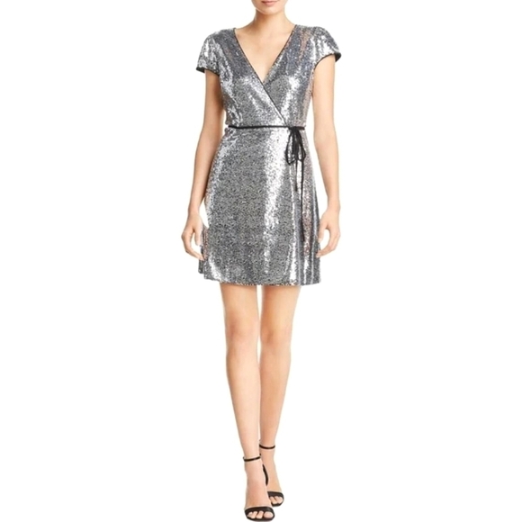 NWT AQUA Silver Sequin Wrap Cocktail Dress Small - Picture 1 of 4